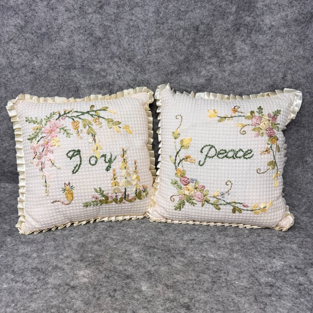 Vtg Joy Peace Pillows Waffle Knit Floral Embroidery 9x9 Satin Trim Cottagecore